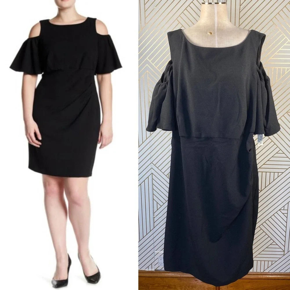 Eliza J Black Cold Shoulder Ruffle Cocktail Dress‎
